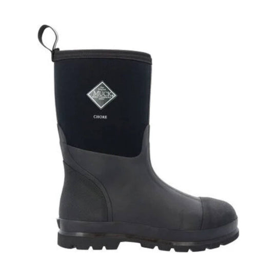 Black mid-calf rubber boot with a pull loop and lugged sole