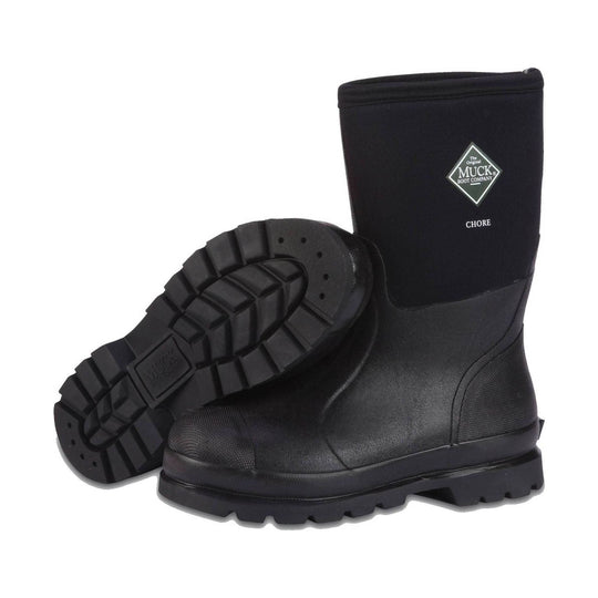 Black pull-on work boots with thick lug soles, one boot standing upright and one shown from the bottom
