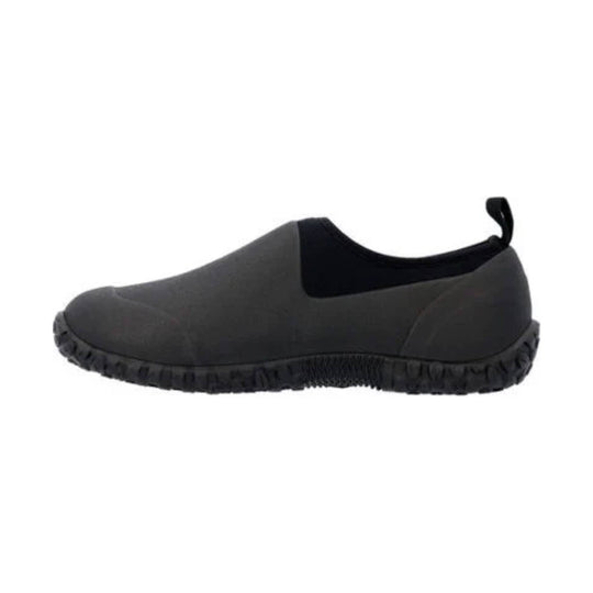 Black low slip-on shoe with a pull tab and rugged treaded sole