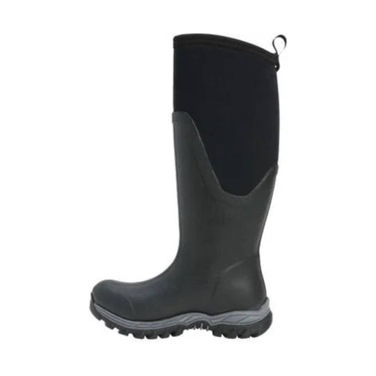 Black tall rubber boot with a rugged tread sole and pull loop at the top