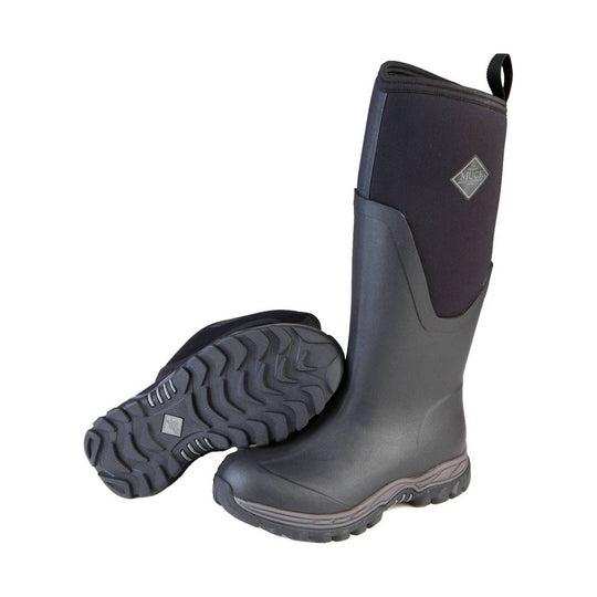 Tall black rubber boot with a pull tab and rugged tread sole, shown upright with the sole facing forward