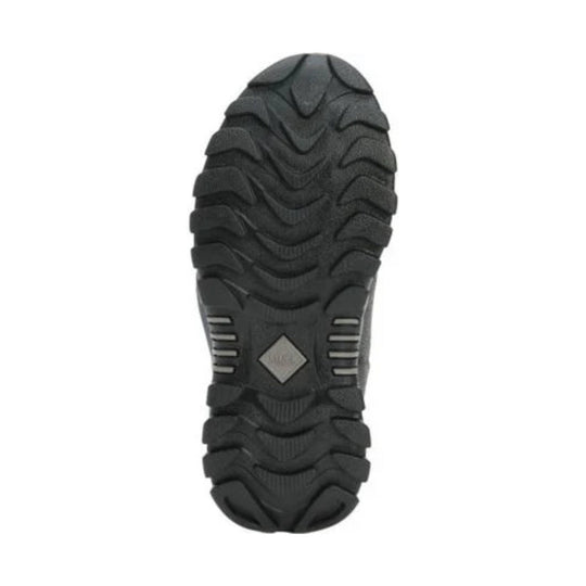 Black winter boot outsole with deep lug tread and a diamond logo insert