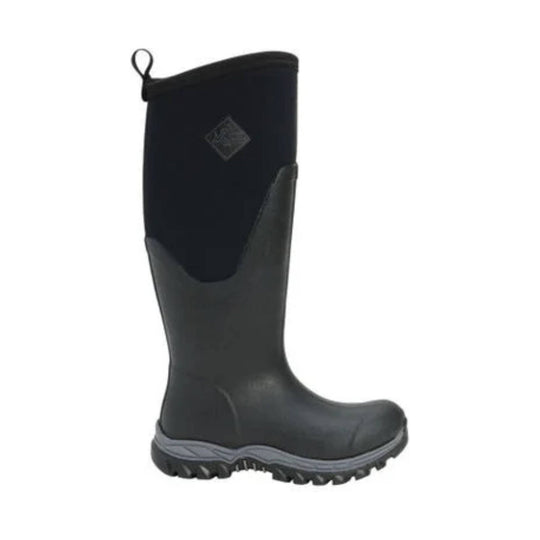 Tall black rubber boot with a gray treaded sole and pull loop at the top
