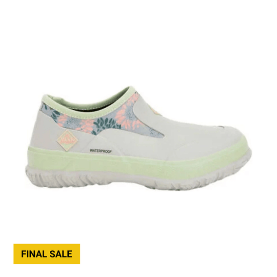 Light gray slip-on waterproof shoe with pastel floral side panel and chunky sole, shown in side view
