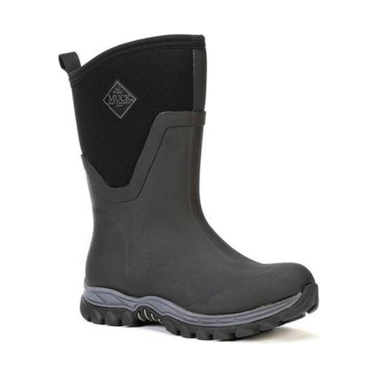 Black mid-calf rubber boot with gray outsole and pull tab