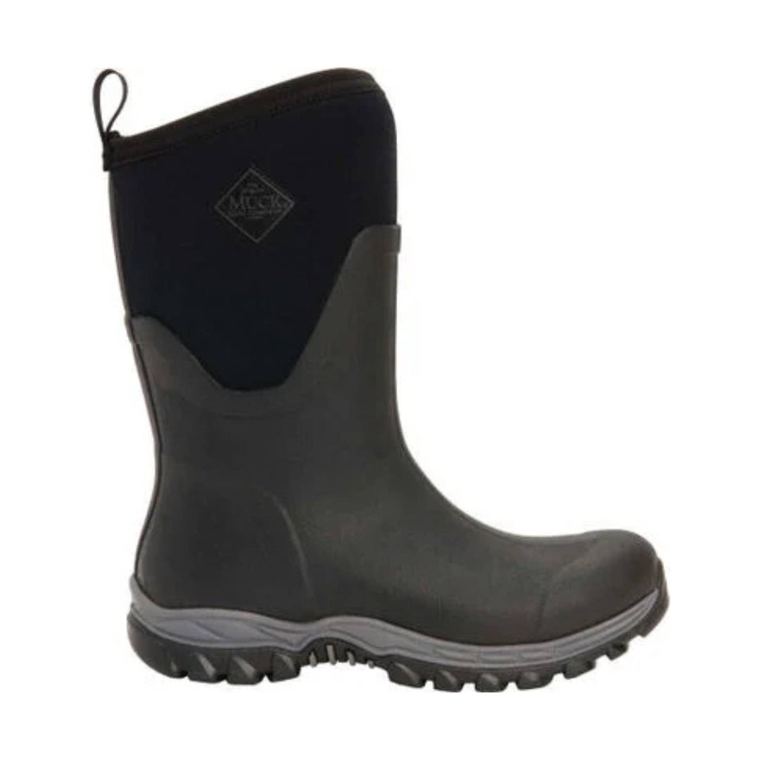 Black mid-height rubber boot with a gray treaded sole and pull loop at the top