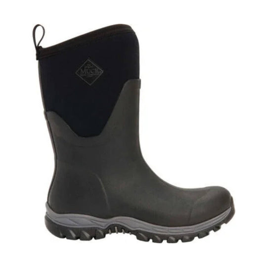 Black mid-height rubber boot with a gray treaded sole and pull loop at the top