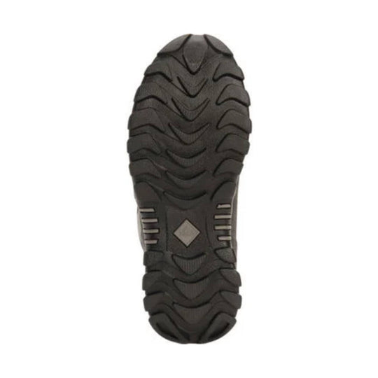 Black boot outsole with deep lug tread and a diamond-shaped center insert