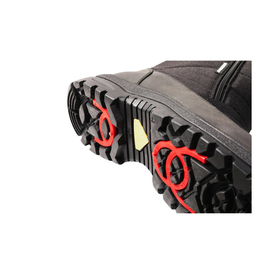 Black winter boot outsole with deep tread, red traction lugs, and a yellow insert