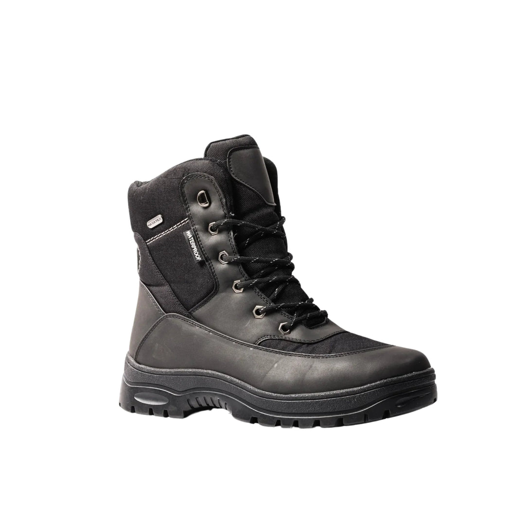 Black lace-up winter boot with waterproof side panel and rugged tread sole