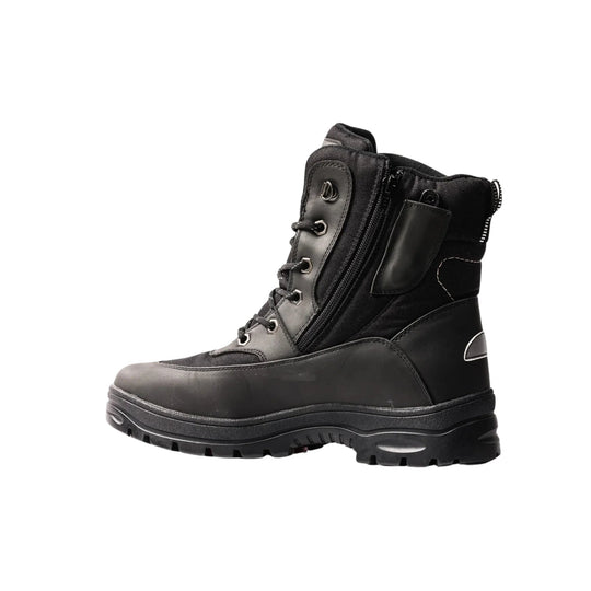 Black winter work boot with side zipper, laces, and thick lug sole