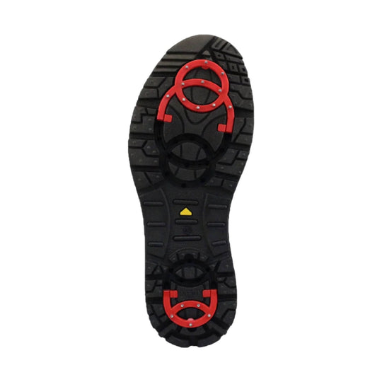 Black winter boot outsole with red traction cleats