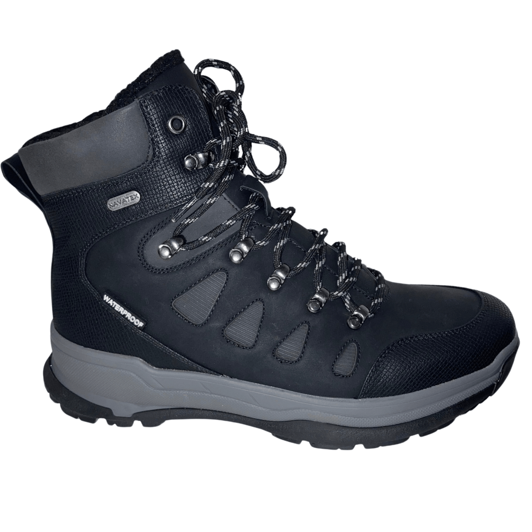 Black waterproof winter hiking boot with gray sole, bungee laces, and padded ankle collar