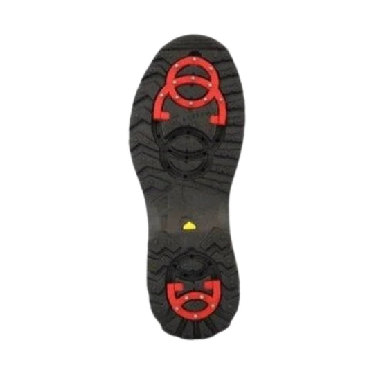 Black boot outsole with red traction lugs and a small yellow insert