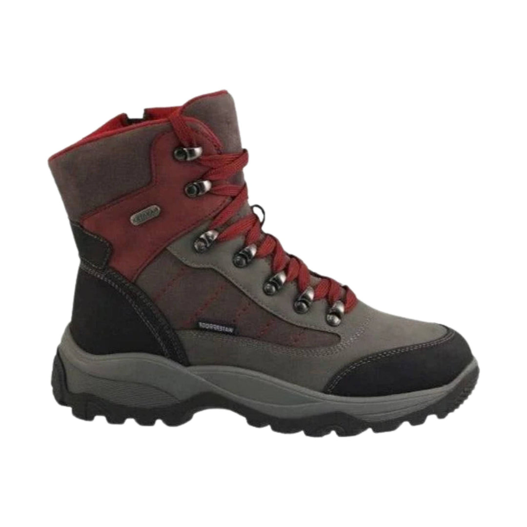 Black, gray, and burgundy hiking boot with red laces and lugged sole