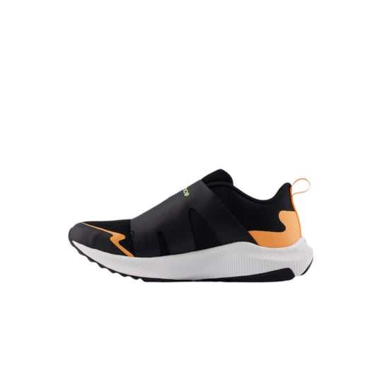 Black slip-on athletic shoe with orange accents and a white cushioned sole, side view