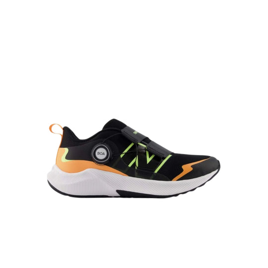 Black athletic sneaker with BOA dial, lime green and orange accents, and a thick white sole, side view
