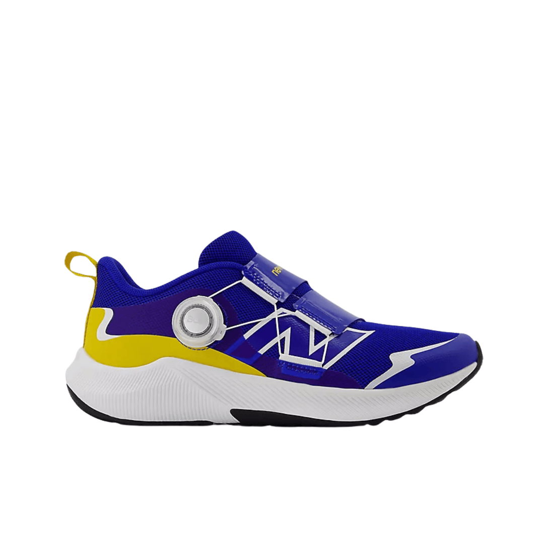 Blue and yellow kids' athletic shoe with BOA dial closure and white midsole, side view.