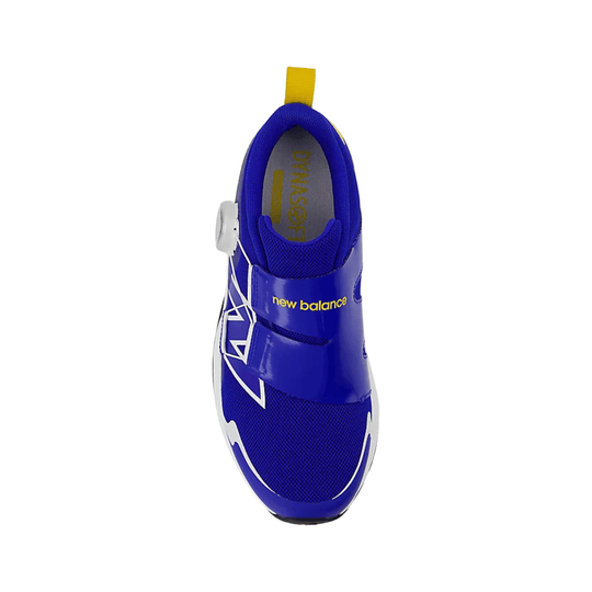Blue and white kids' sneaker with a BOA dial closure and yellow pull tab, top view
