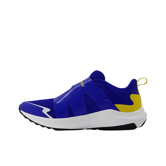 Blue low-top kids sneaker with mesh upper, glossy overlays, white midsole, and yellow heel accent