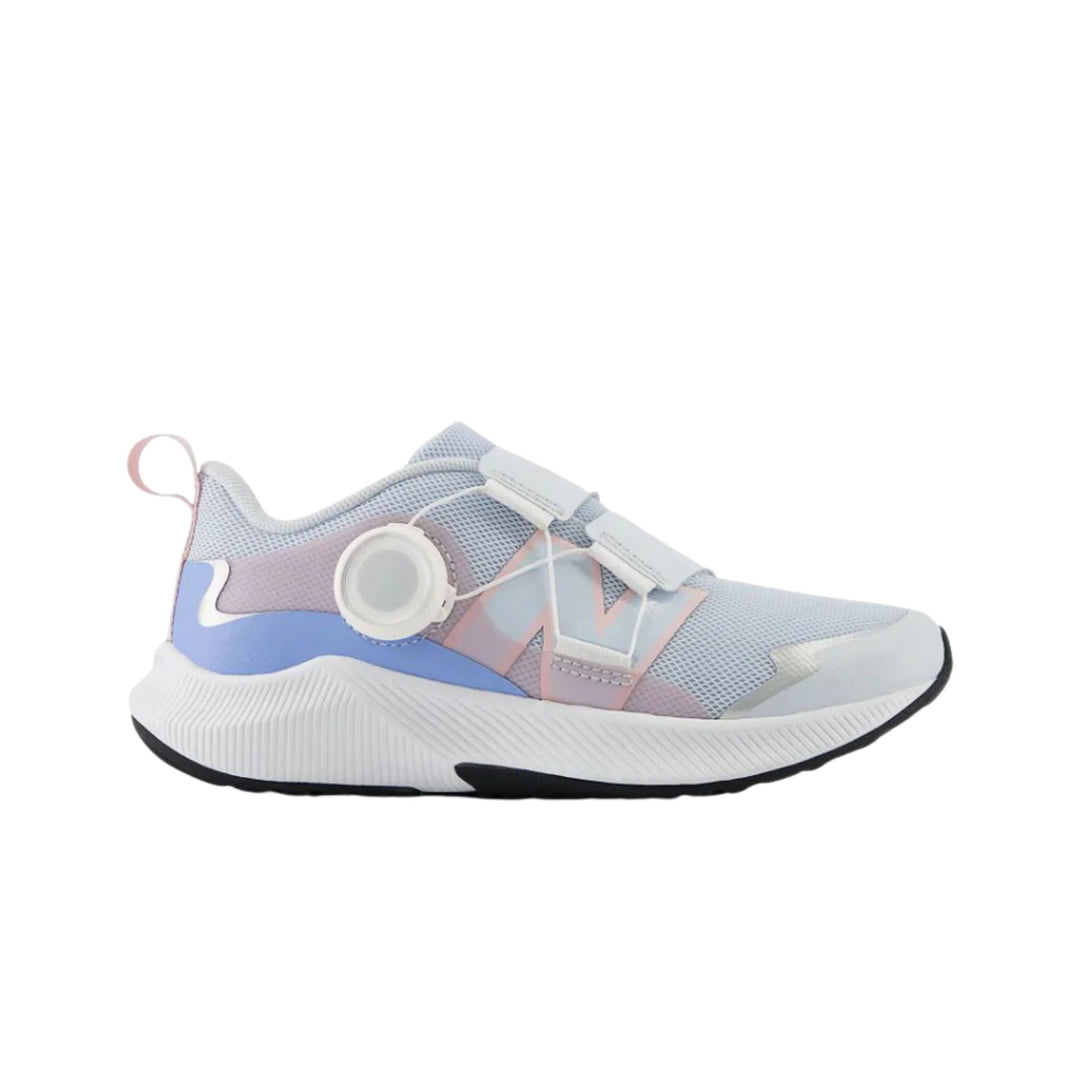 Light blue and white athletic kid's sneaker with BOA dial closure and thick white sole