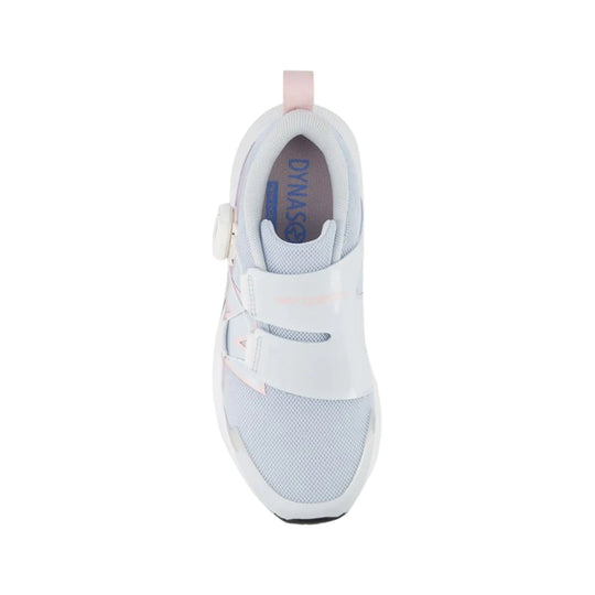 White kids' sneaker with a BOA dial closure, mesh upper, and pink pull tab, shown from above.