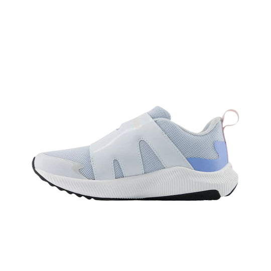 Light blue and white athletic slip-on sneaker with a mesh upper, wide strap, and chunky white sole