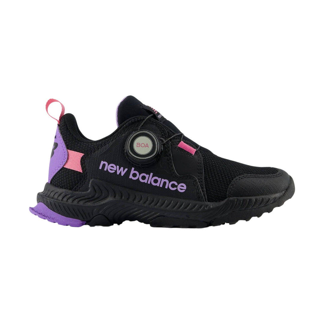 Black trail sneaker with pink and purple accents, BOA dial, and side logo text
