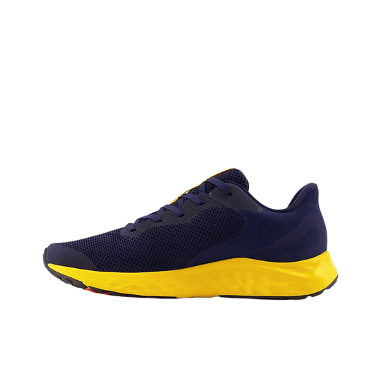 Navy athletic sneaker with yellow foam midsole and mesh upper