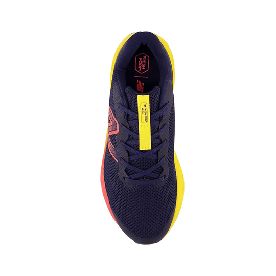 Navy running shoe with yellow side accents and a coral heel panel, shown from above