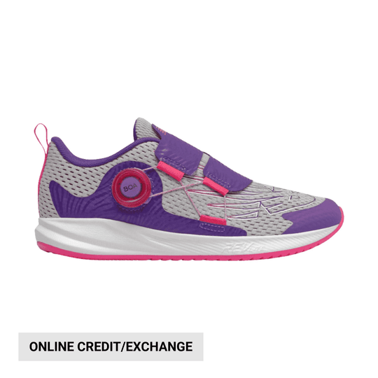 Purple and gray running shoe with pink accents, BOA dial, and online credit/exchange banner