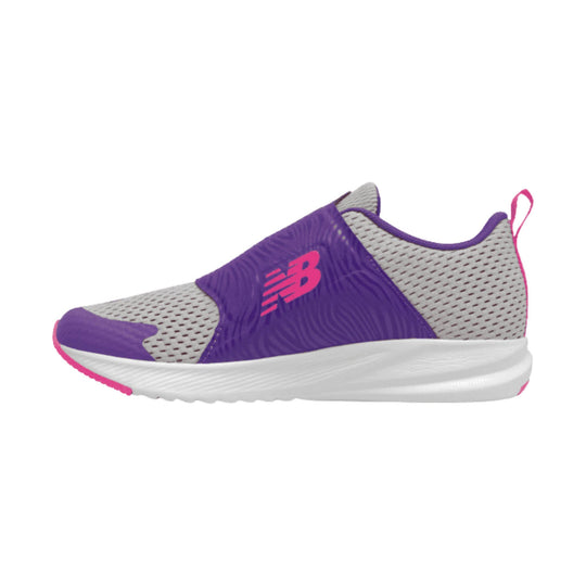 Purple and gray kids' running shoe with pink accents and a side New Balance logo