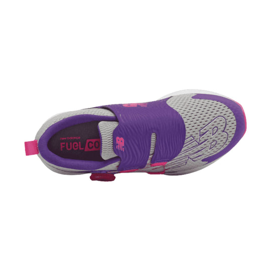 Purple and gray kids' running shoe with pink accents, top view