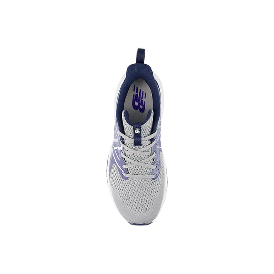 Gray and navy lace-up athletic sneaker seen from above with mesh upper and New Balance logo on the insole