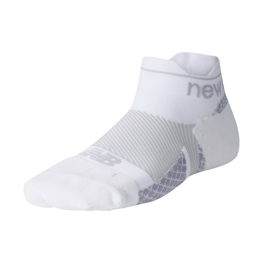 White no-show athletic sock with gray knit cushioning and a ribbed ankle cuff
