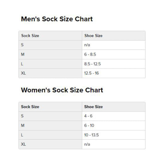 Men's and women's sock size chart with S, M, L, and XL shoe size ranges