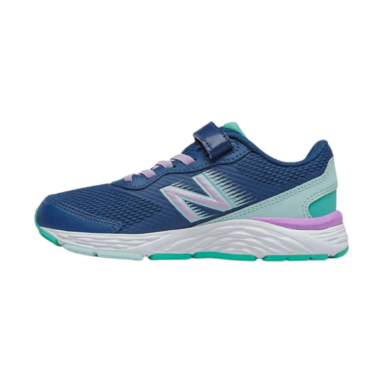 Blue kids' running shoe with lavender laces, teal accents, and a white sole