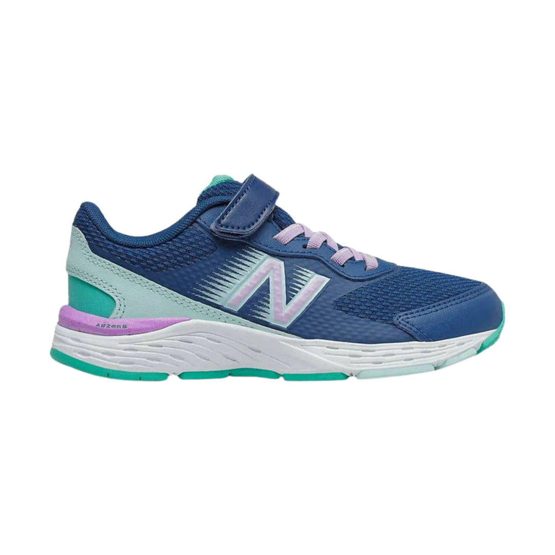 Blue kids' running shoe with pink laces, a hook-and-loop strap, and mint and teal accents