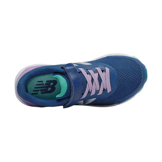 Blue kids' running shoe with pink laces, a hook-and-loop strap, and teal interior