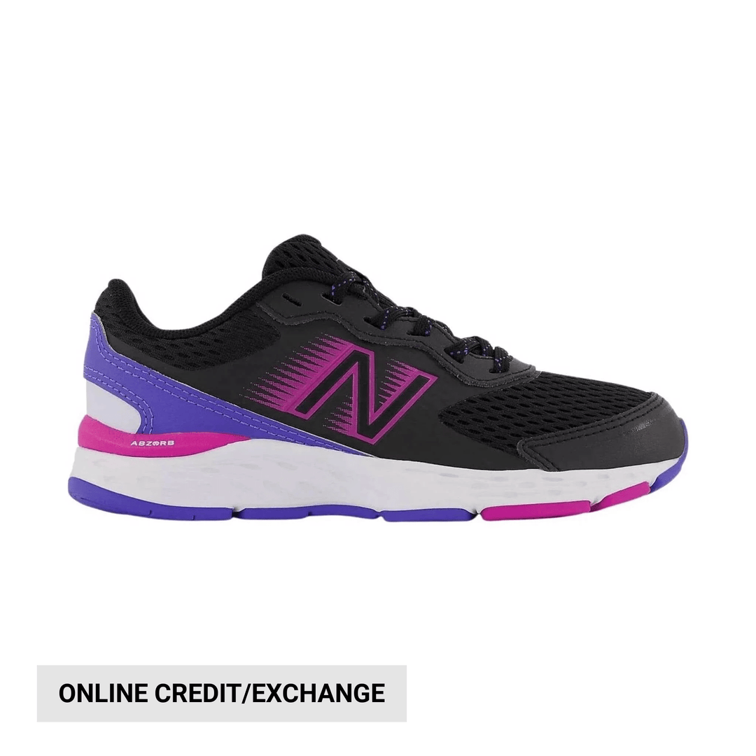 Black running shoe with magenta and purple accents, side view, with a white midsole