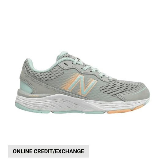 Light gray athletic sneaker with mint accents and a large side logo, shown in profile