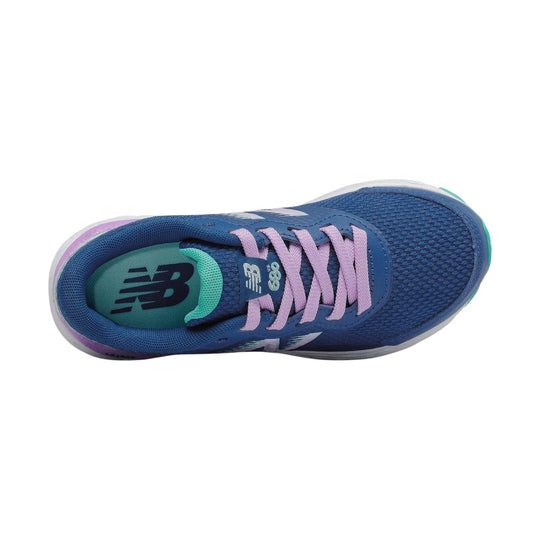Blue kids running shoe with pink laces and teal accents, viewed from above