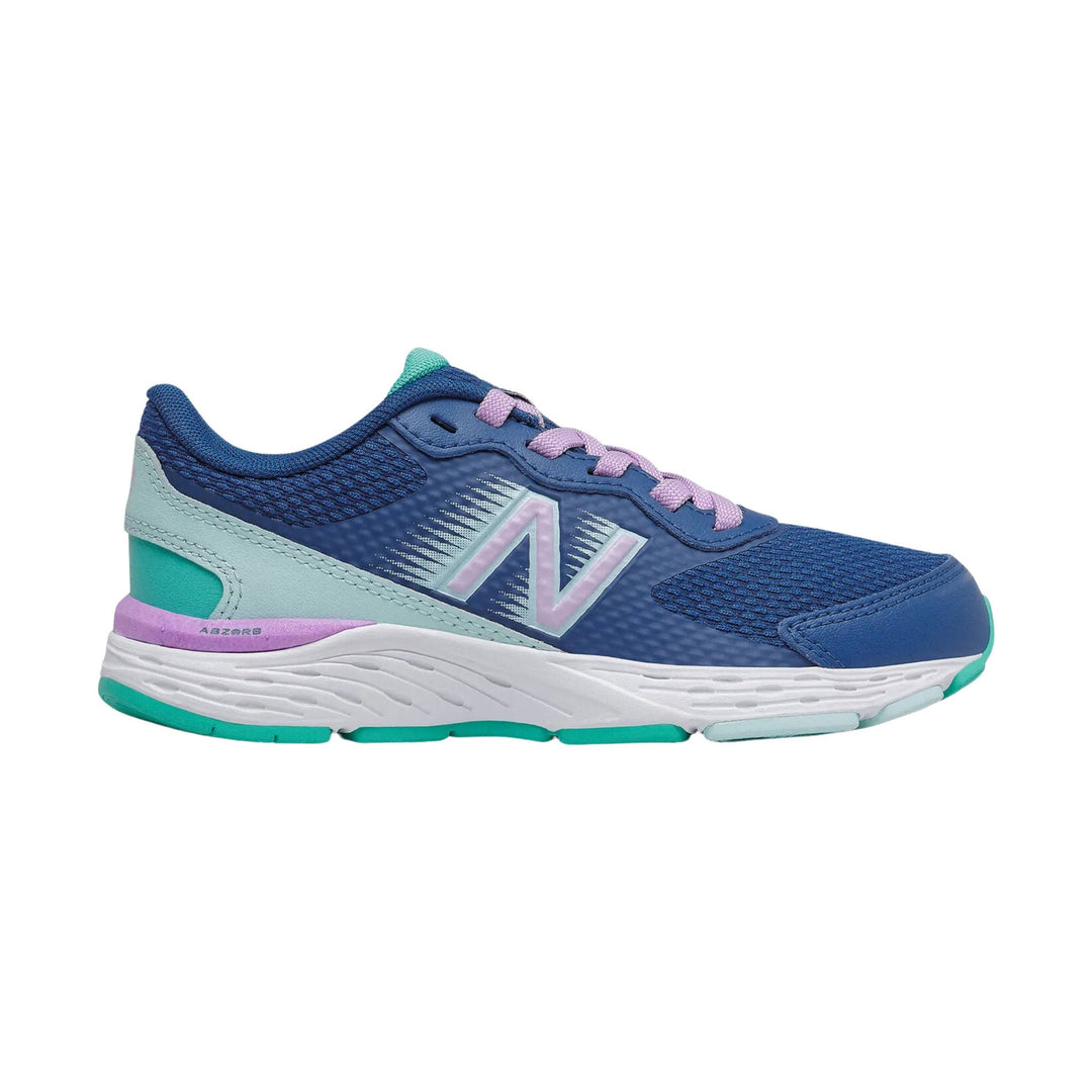 Blue kids' running shoe with pink laces, teal accents, and a white cushioned sole