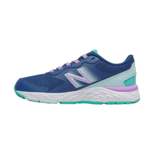 Blue running shoe with pink laces, white textured midsole, and teal and purple accents