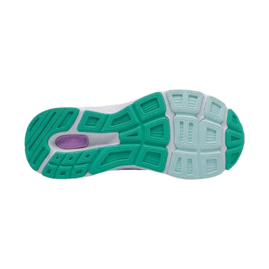 Blue kids running shoe with white sole and black heel accent