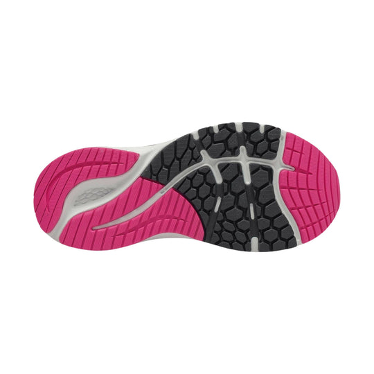 Running shoe outsole with pink and black traction pods and white foam midsole