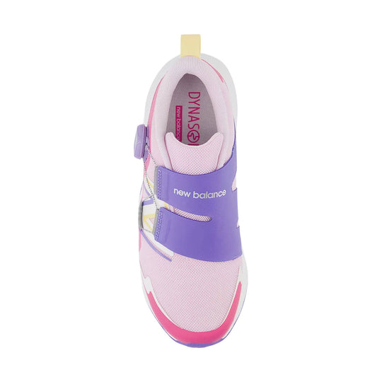 Pink and purple kid's sneaker with BOA strap, mesh upper, and visible New Balance text