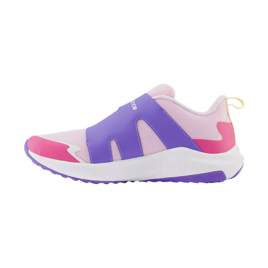 Purple, pink, and white athletic shoe with mesh upper, elastic midfoot strap, and thick white sole