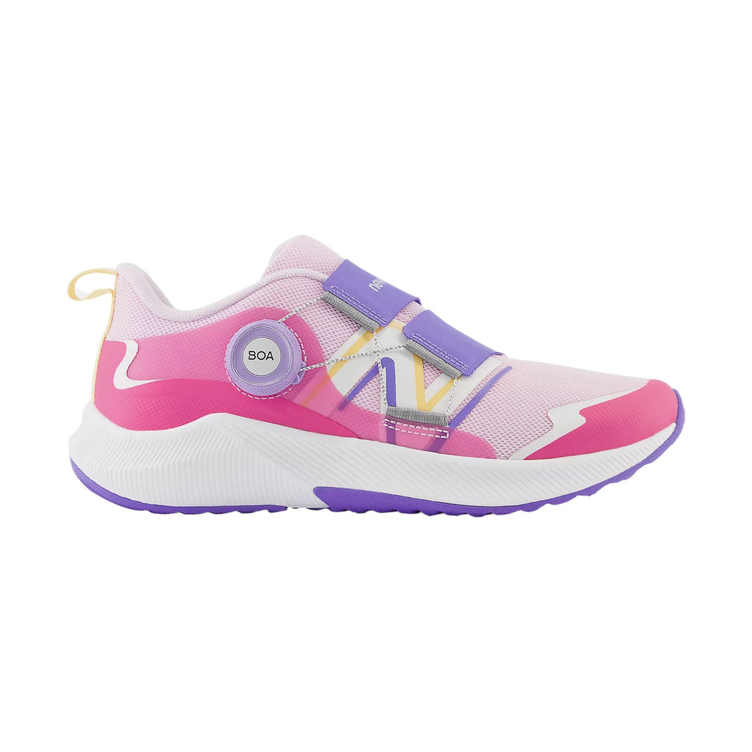 Pink and white kids sneaker with purple BOA dial, two hook-and-loop straps, and purple outsole