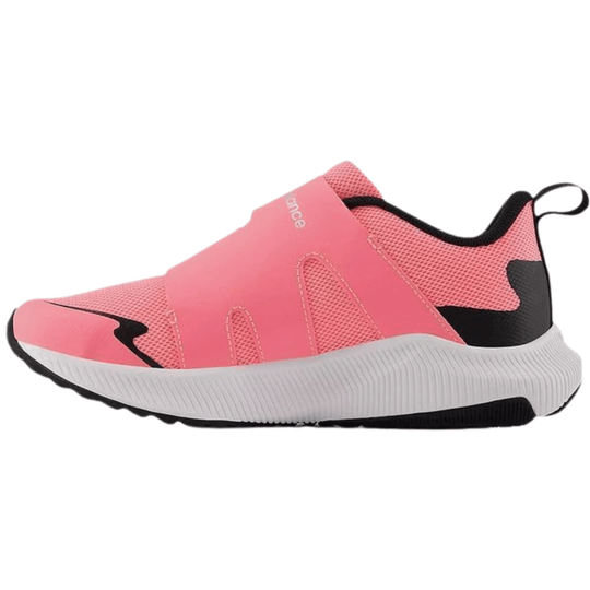 Pink and black kids' athletic shoe with mesh upper, wide strap, and white ribbed sole